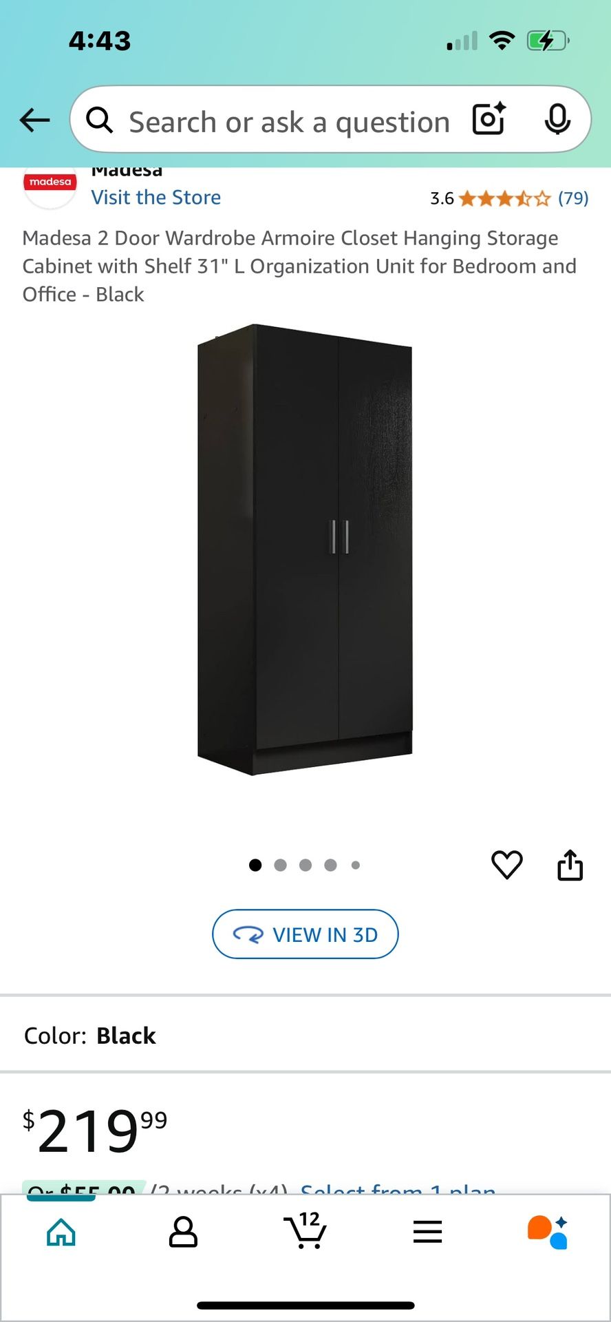 Black 2 Door Wardrobe With 1 Shelf