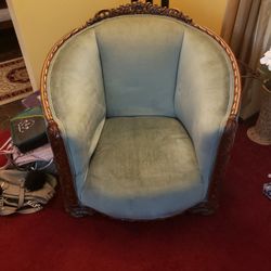 Antique VELVET FABRIC Chair. Carved Wood 