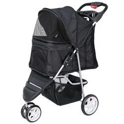 Foldable Dog Stroller 3 Wheels Pet Stroller for Dog / Cat Durable Travel Carrier With Storage Basket - Black