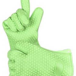 Oven Gloves, Heat Resistant Cooking Gloves Silicone Grilling Gloves Long Waterproof BBQ Kitchen Oven Mitts for Barbecue, Cooking, Baking, Green 