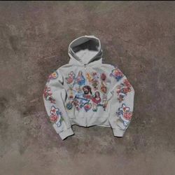 Men's Top Cartoon Print Hooded Zipper Sweatshirt Casual Loose Street