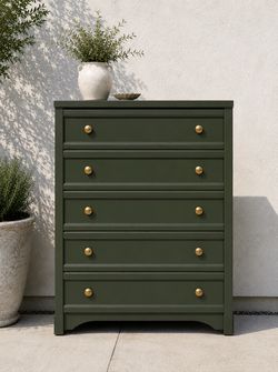 Deep Olive Green 5-Drawer Tall Dresser | Solid Wood Chest of Drawers