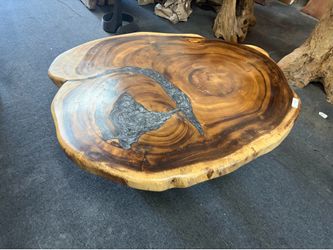 irregular Monkey Pod table with silver swirl epoxy, live edge, $995.