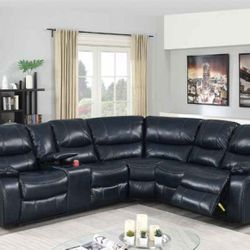 Brand New Ink Blue Reclining Power Motion Sectional Leather Sofa Built-in USB And Cupholders