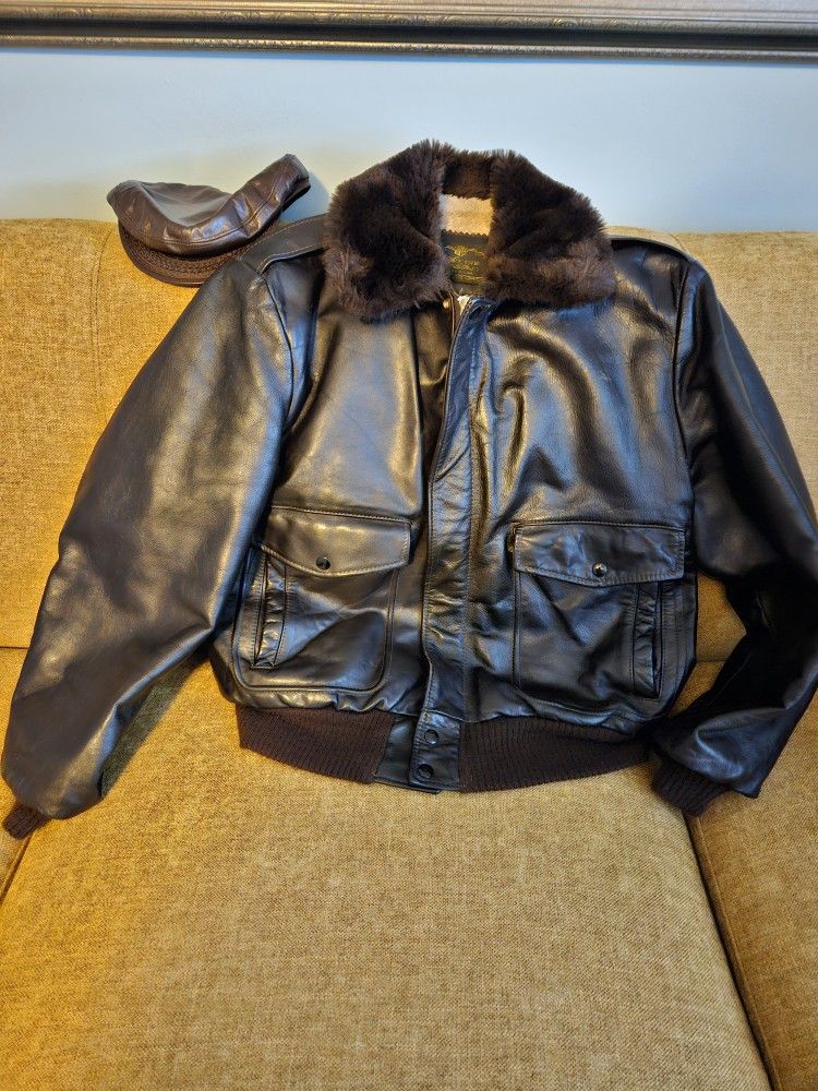 Genuine MADE IN USA 50 YEAR OLD REAL LEATHER BOMBER Jacket And Hat