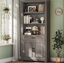 Farmhouse Bookshelves and Bookcases with Doors and Drawer, Grey