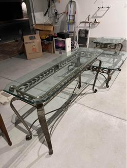 Mid Century set of 3 French Wrought Metal Iron Tables with Temple Glass Top