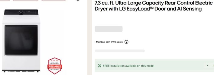 NEW LG 7.3 cu. ft. Ultra Large Capacity Rear Control Electric Dryer with LG EasyLoad™ Door and AI Sensing