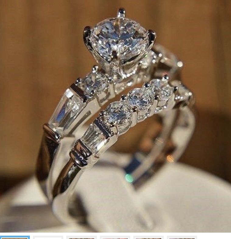 Fashion 925 Silver Wedding Rings Set For Women Round White Sapphire Ring Size 8.