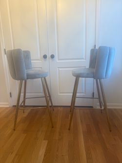 30" Gray Velvet Bar Stools Set of 2, Gold Leg Bar Height Chairs