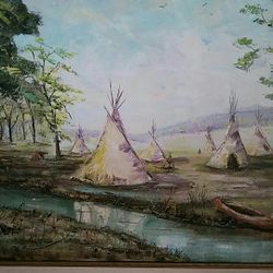 Oil painting, Landscape with Oklahoma Indian teepees