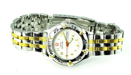 Swiss Military Quartz Day Date White Checkered Dial 29mm S/S Two Tone