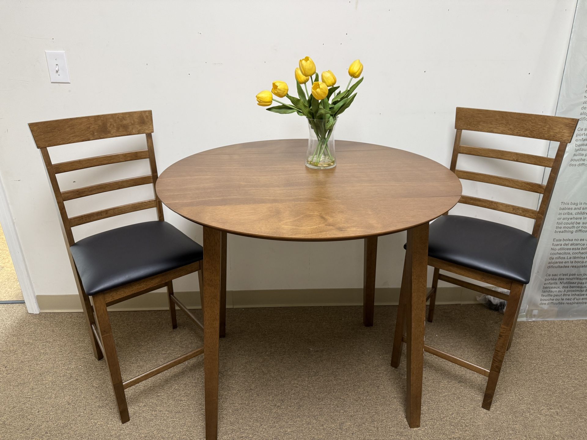 Fully assmbled 3pcs Retro Round Counter Height Drop-Leaf Table Set Brown Wood