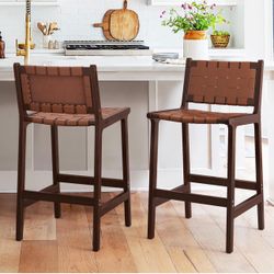 LUE BONA Counter Height Bar Stools 24inch, Set of 2 Faux Leather Woven Counter Stool with Backs, Woven Strips Rattan Barstools with Wood Legs for Dini