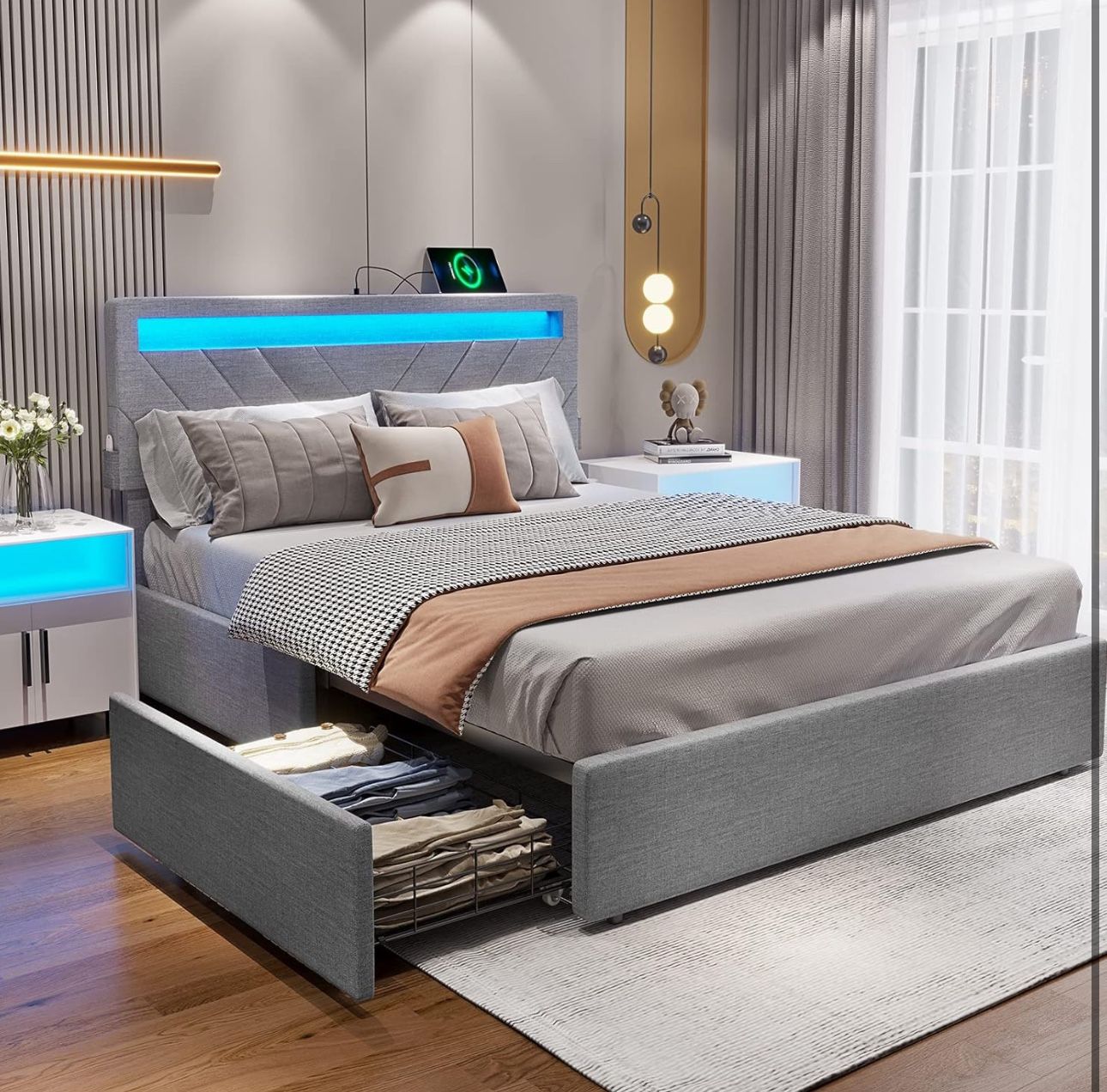 Full Size LED Bed Frame with 4 Drawers, Platform Bed Frame with 2 USB Charging Station, Upholstered Bed with Storage, No Box Spring Needed, Easy Assem