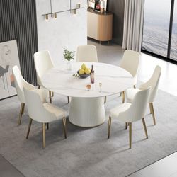 Round Dining Table for 8, Sintered Stone Tabletop with Solid Wooden Frame, 59" White Dining Table for Dining Room Kitchen 59"D Only Table