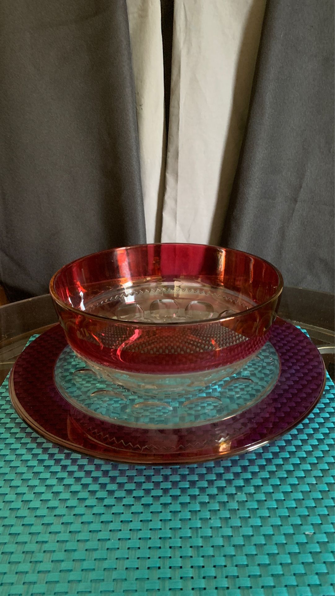 Ruby Red Trimmed Serving Bowl and Plate