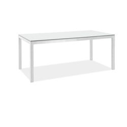 Stylish glass dining table white with stylish chrome and silver legs/supports. 70” x36” glass and 29” legs. Total height 30”. Thick glass. Very expens