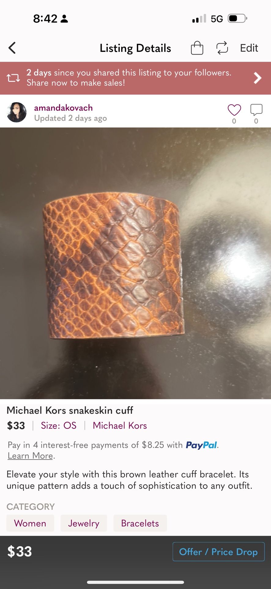 Michael Kors Leather Snake Skin Cuff