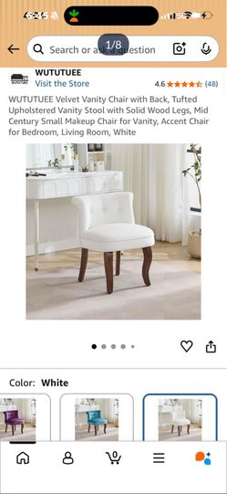 WUTUTUEE White Velvet Tufted Vanity Chair with Wood Legs