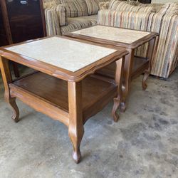 2 Solid Wood End Tables With Marble Top