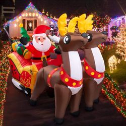 7FT Christmas Inflatables Outdoor Decorations Blow up Yard Decor, Santa Claus Sleigh 2 Reindeer, Built-in Led Lights for Xmas Holiday Lawn Garden