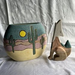 Vintage Native American Pottery Vase and Howling coyote
