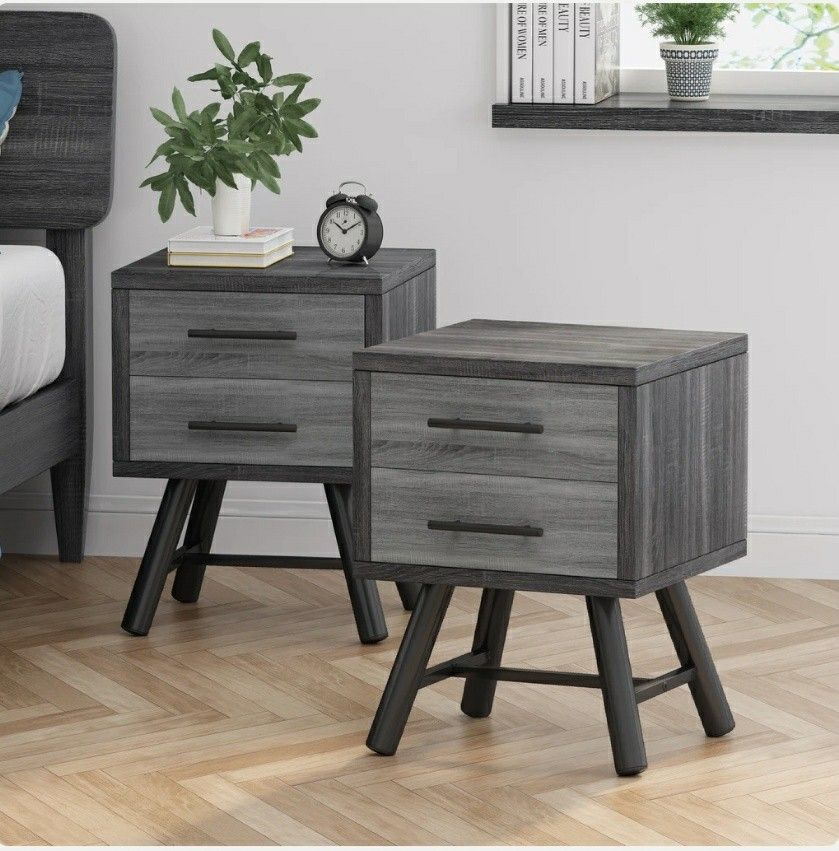 Gray Set of 2 Dual Drawer Bedroom Nightstands