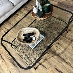 Modern Farmhouse Black Metal & Glass Coffee Table – Decorative Shelf