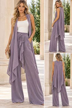 Women's Dusty Lavender Pleated Wide Leg Pants & Duster Vest 2 Piece Set  NWT
