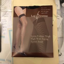 #6273 Black Lycra Fishnet Thighs High With Zigzag Eyelet Seam One Size Black $4