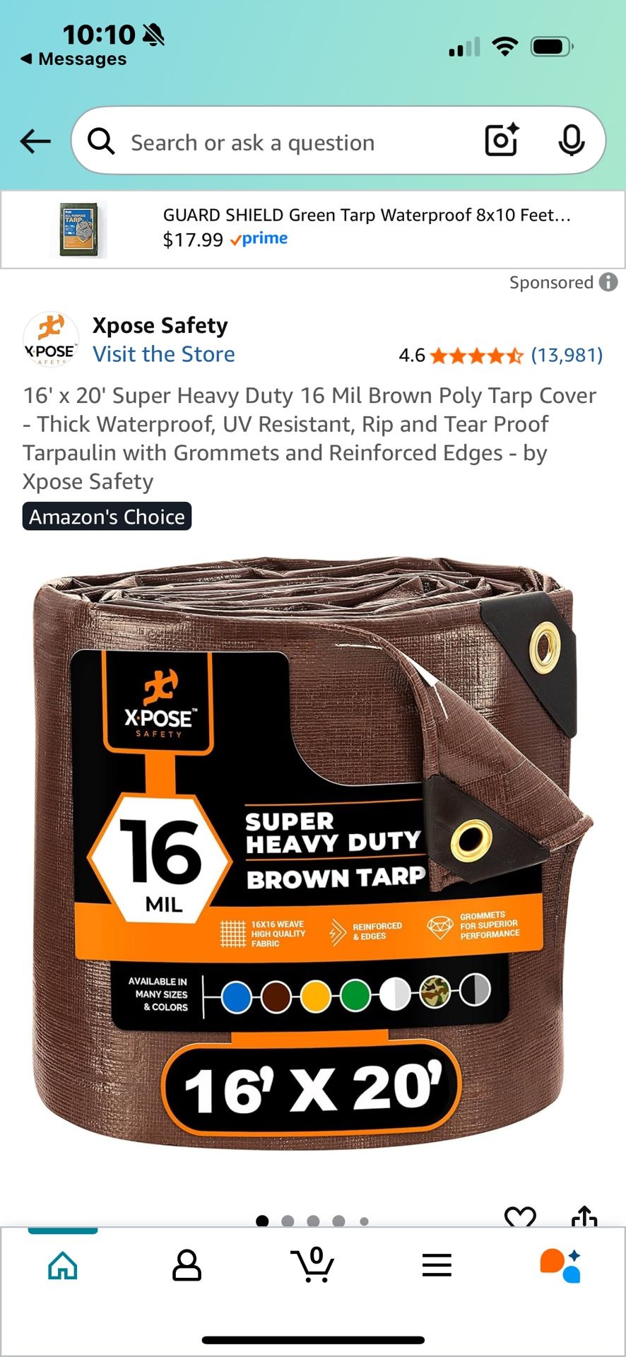 16' x 20' Super Heavy Duty 16 Mil Brown Poly Tarp Cover