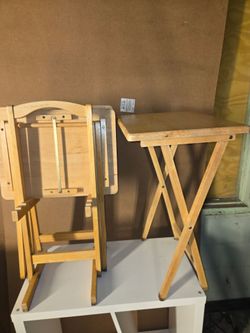 Three natural wood folding TV tray table