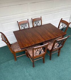 7-PC HEAVY DUTY SOLID WOOD DINING SET (TABLE WITH EXTENSION LEAF AND 6 WOOD WITH IRON PADDED CHAIRS)