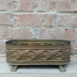 Vintage Brass Embossed Leaves Footed Planter 