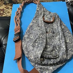 Blue Paisley Shoulder Bag With Brown Strap