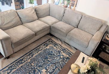 Light Gray Fabric Sectional Sofa with Nailhead Trim