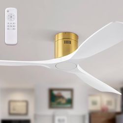 52 inch Gold Modern Flush Mount Indoor Washed Wood 3 Blades LED Ceiling Fan Light with Remote