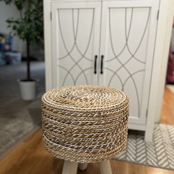 Hand Crafted Jute Stool With 3 Solid White Wooden Legs $35