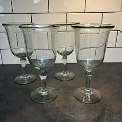 Vintage Set Of 4 Pottery Barn Light Green Wine/Water Stem Glasses 8” Inches Tall (discontinued / no longer available)