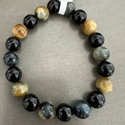 New, Men’s Golden Blue Tiger Eye Stone And Onyx Bracelet. Jewelry Bag And Meanings Included.