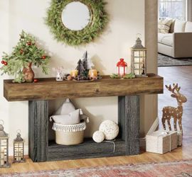 RY0240 63-Inch Long Console Table, 2-Tier Entryway Table Sofa Table with Storage, Farmhouse Wood Behind Couch Tables for Living Room, Hallway, Rustic 