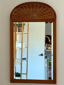 Vintage Arched Wood Wall Mirror | Carved Sunburst Detail