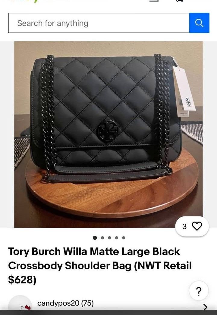 Tory Burch Willa Matte Large Black Crossbody Shoulder Bag (NWT Retail $628)