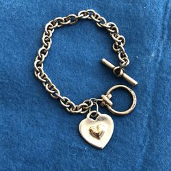 Bracelet,Sterling Silver 925 SU Chain Link with yellow 3D heart on heart Charm 7” Bracelet,19.17grams