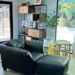 Dark Brown Italian Leather Chair and Ottoman