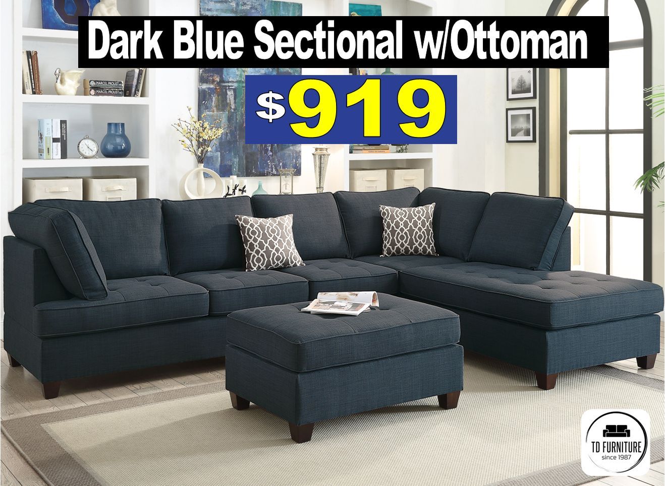Dark Blue Sectional with ottoman
