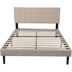 14 Inch Upholstered Platform Bed Frame with Headboard Beige (Full)