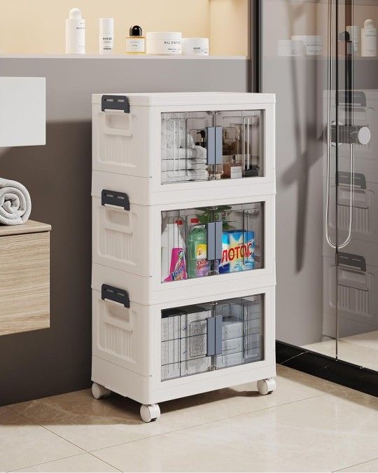 Folding Storage box with Doors and Wheels, Storage Organizer.3 pack cube. 23 QT Storage Boxes