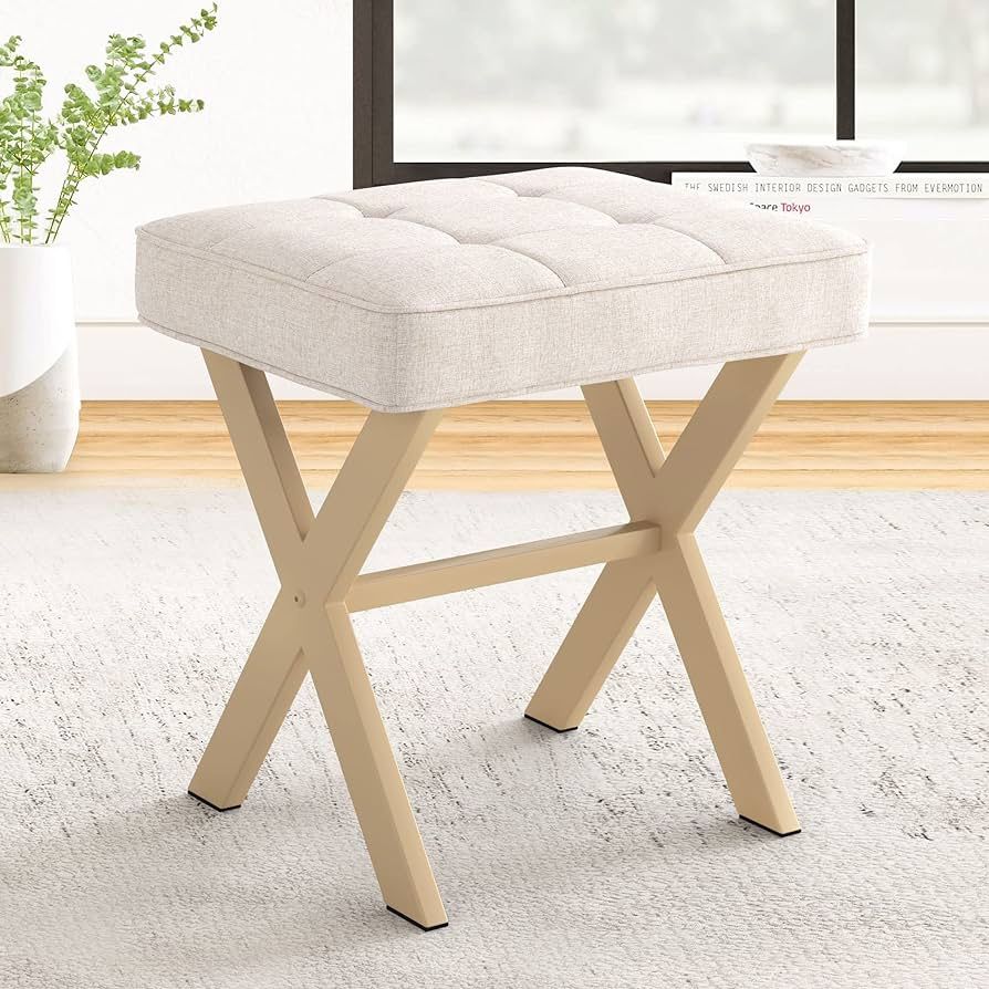 Vanity Stool, Square Linen Makeup Stool with Metal X Legs, Small Ottoman Stool Chair for Vanity, Modern Padded Vanity Seat Foot Rest Stool for Makeup